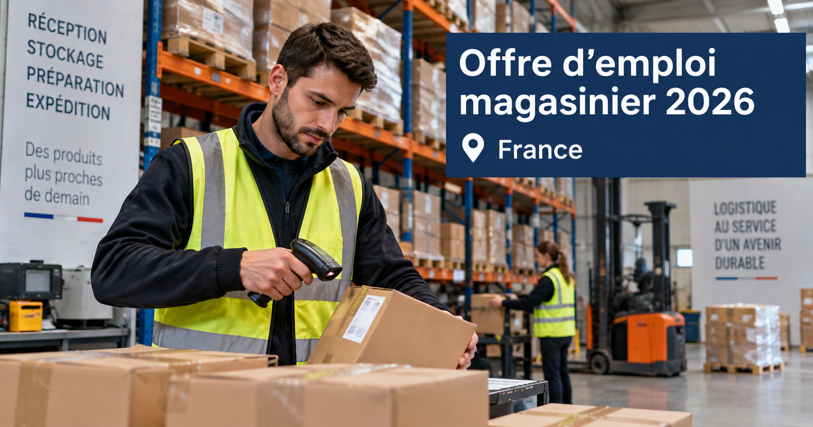 Offre d'emploi magasinier magasinier en entrepôt en France scannant un colis et préparant des commandes devant des rayonnages logistiques.