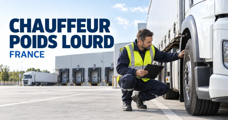 Chauffeur poids lourd au volant d’un camion de marchandises sur une plateforme logistique moderne en France, portant une tenue professionnelle.