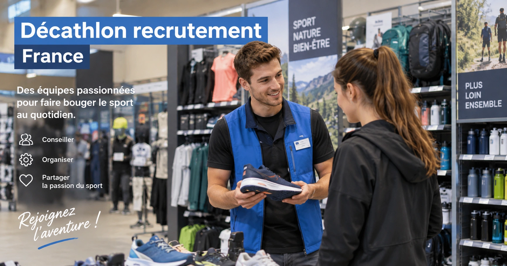 Décathlon recrutement salarié dans un magasin de sport en France, conseillant un client au milieu de rayons modernes dédiés aux équipements sportifs.