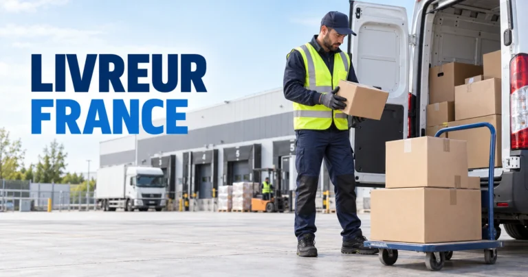 Livreur préparant ses colis près d’un véhicule utilitaire dans un centre logistique moderne en France avant le départ de sa tournée quotidienne.