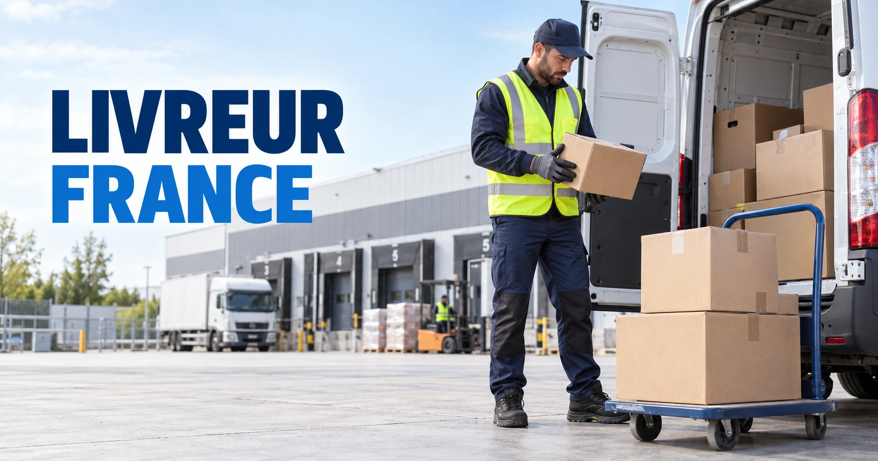 Livreur préparant ses colis près d’un véhicule utilitaire dans un centre logistique moderne en France avant le départ de sa tournée quotidienne.