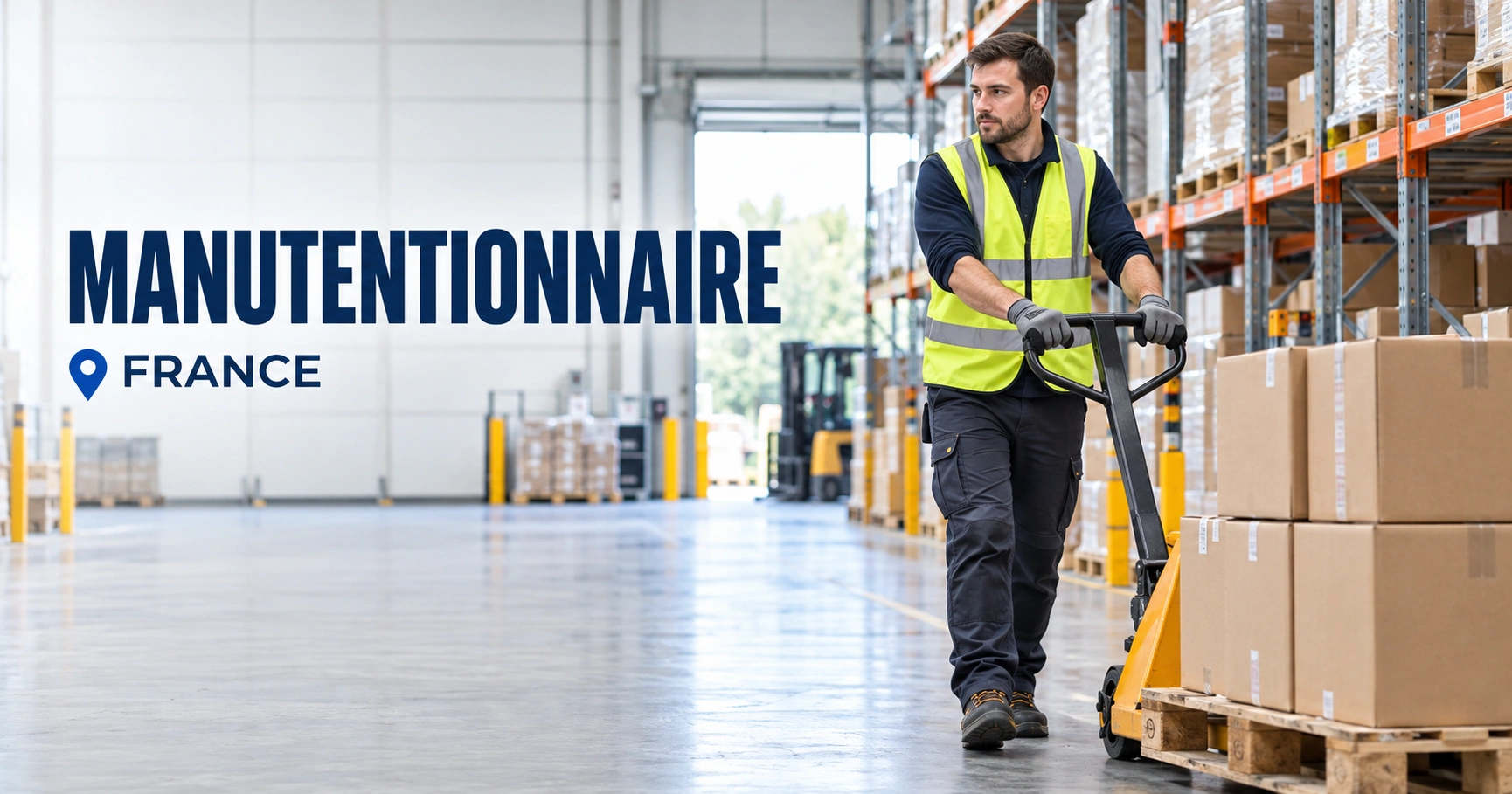 Manutentionnaire déplaçant des cartons dans un entrepôt logistique moderne en France, avec transpalette, rayonnages et équipements de sécurité.
