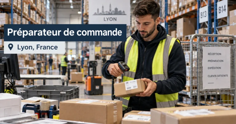 Préparateur de commande Lyon dans un entrepôt moderne, scannant des colis et préparant des commandes devant des rayonnages logistiques en France.