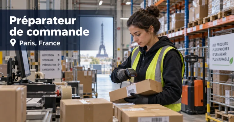 Préparateur de commande Paris dans un entrepôt moderne, scannant des colis et préparant des commandes devant des rayonnages logistiques en France.