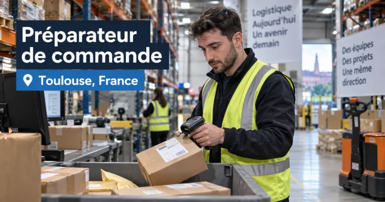 Préparateur de commande Toulouse dans un entrepôt moderne, scannant des colis et préparant des commandes devant des rayonnages logistiques en France
