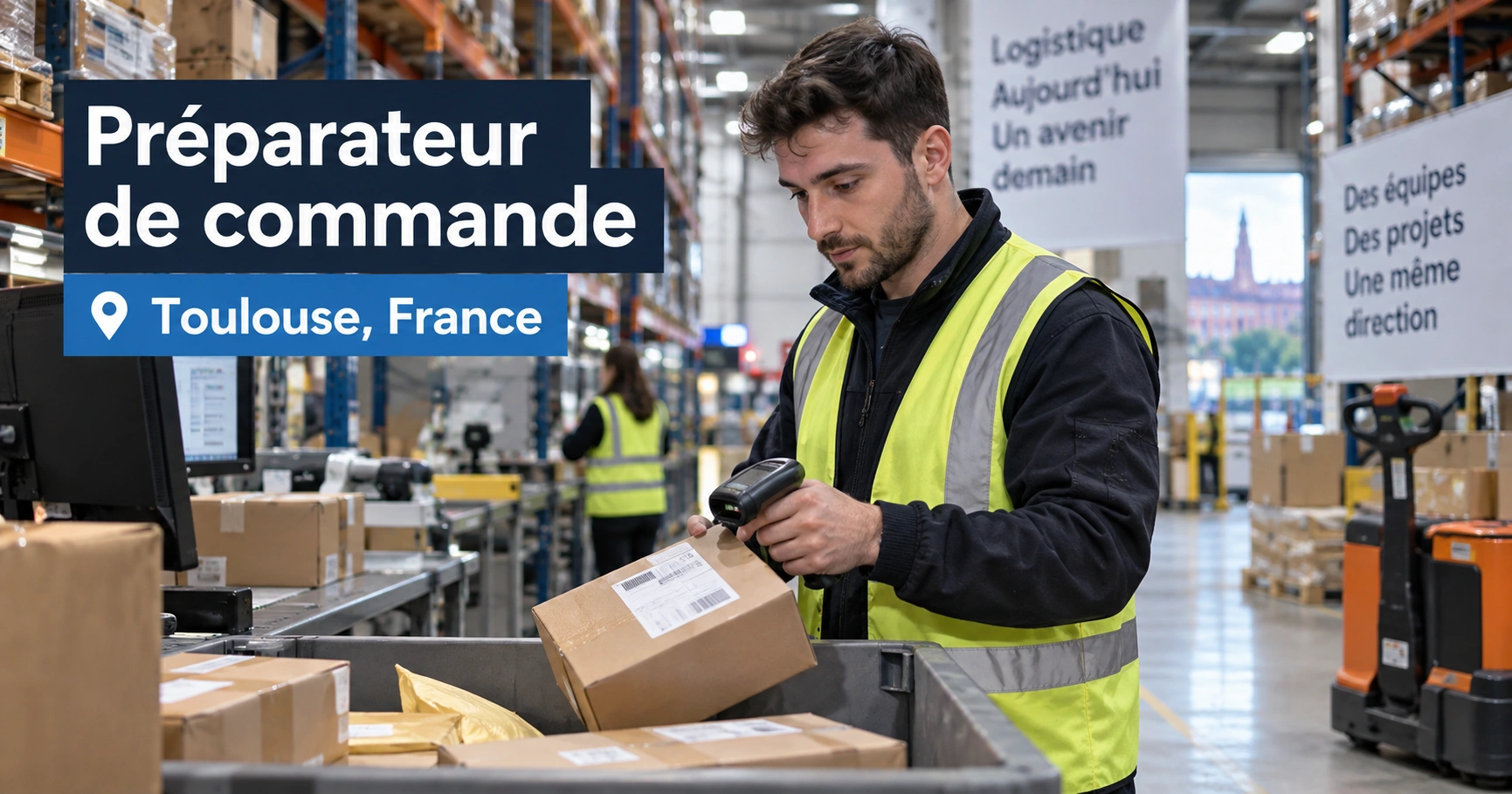 Préparateur de commande Toulouse dans un entrepôt moderne, scannant des colis et préparant des commandes devant des rayonnages logistiques en France