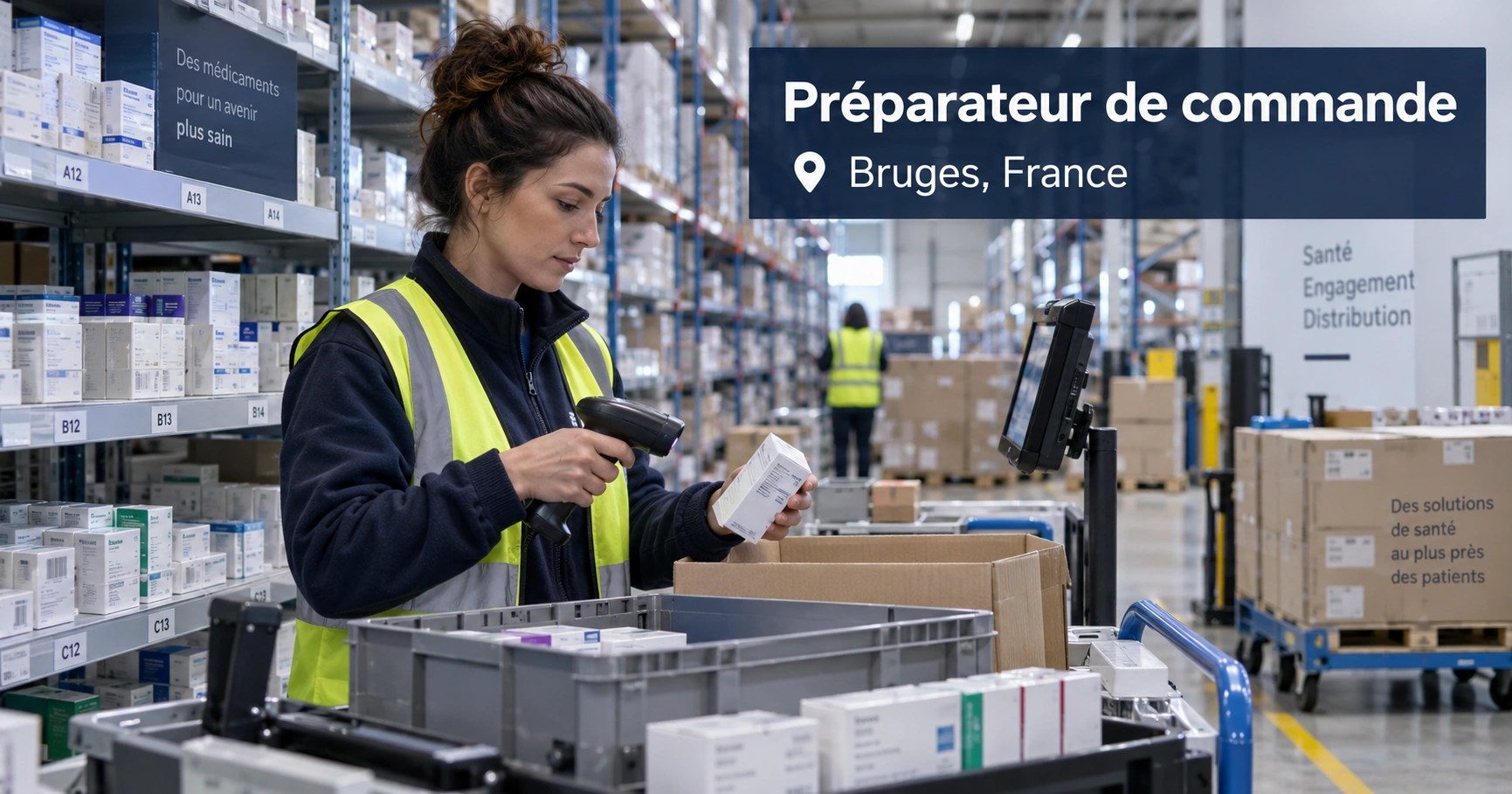 Préparateur de commande à Bruges, France, préparant des colis en entrepôt pharmaceutique avec scanner, rayonnages et zones de picking logistique
